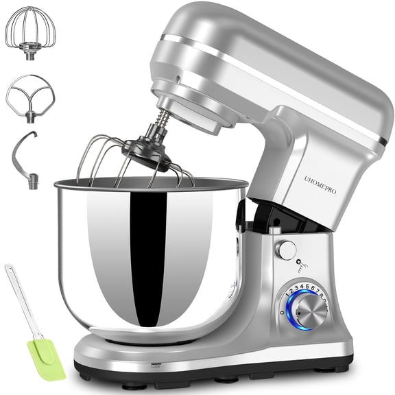 UHOMEPRO 3-in-1 Stand Mixer, 5QT Tilt-Head 10-Speed Electric Stand Mixer, Stainless Steel Bowl, Dough Hook, Flat Beater and Wire Whisk for Baking, Silver