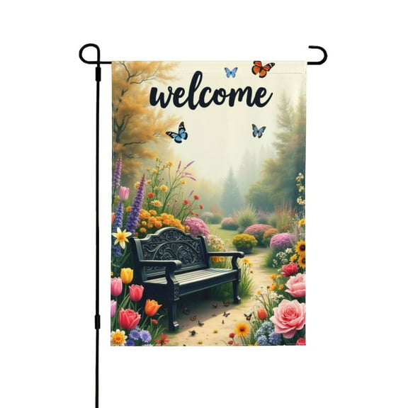 Spring Autumer Garden Flag Welcome For Outside A Garden Filled With Lots Of Colorful Flowers And A Bench 12×18 In Double Yard Flag Outdoor Farmhouse Decoration Home Festival Gazebo Terrace