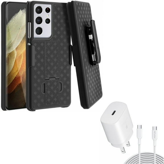 Swivel Holster Case Belt Clip with 10ft USB-C Cable PD Type-C 25W Fast Home Charger for Samsung Galaxy S21 Ultra