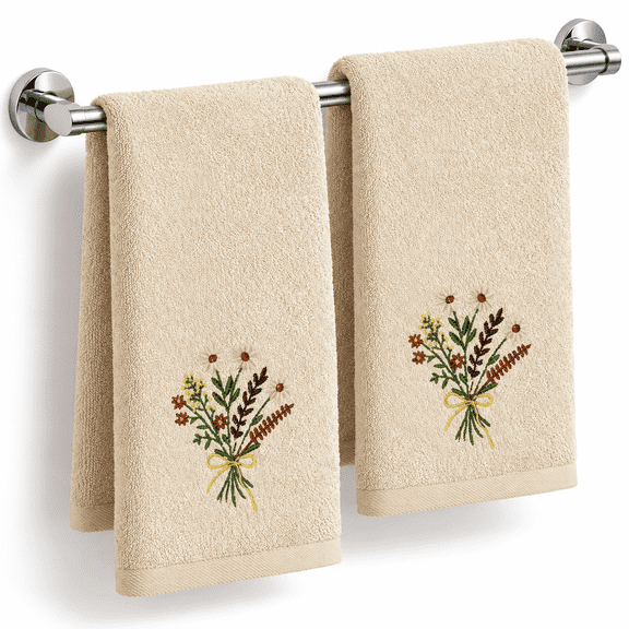 2 Pack 14x29 Inch Beige Floral Embroidered Cotton Hand Towels for Bathroom Kitchen