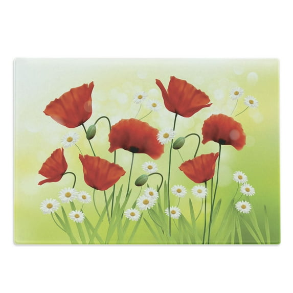 Poppy Flower Cutting Board, Spring Environment with Poppies and Daisies on Grass Flourishing Nature, Decorative Tempered Glass Cutting and Serving Board, Large Size, Red Green, by Ambesonne