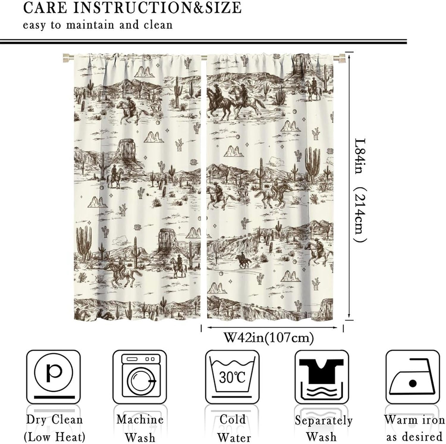 Vintage American Wilderness Western Cowboy Blackout Curtains for Bedroom,Sketch Style Western Cowboy Cacti Room Darkening Window Curtains with Rod Pocket - 2 Panels 84" L x 42" W