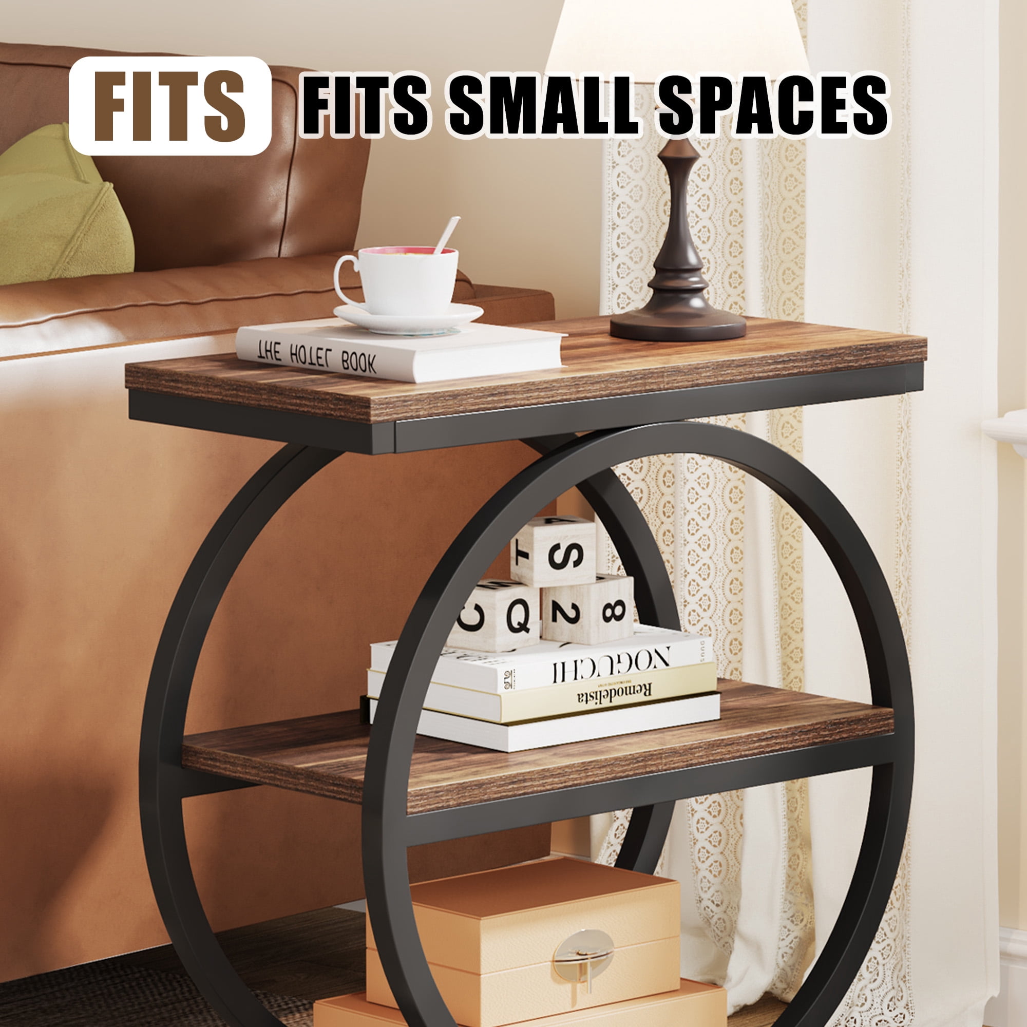 MAYEERTY Industrial 3-Tier Side Table, Slim End Table with Round Metal Frame, Suitable for Living Room, Bedroom and Outdoor Spaces