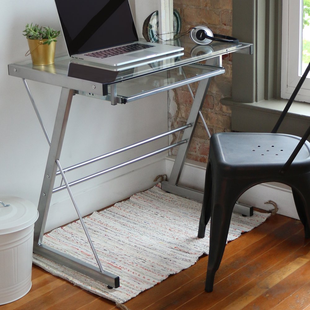 Glass Top Silver Computer Desk with PullOut Keyboard Tray by Manor