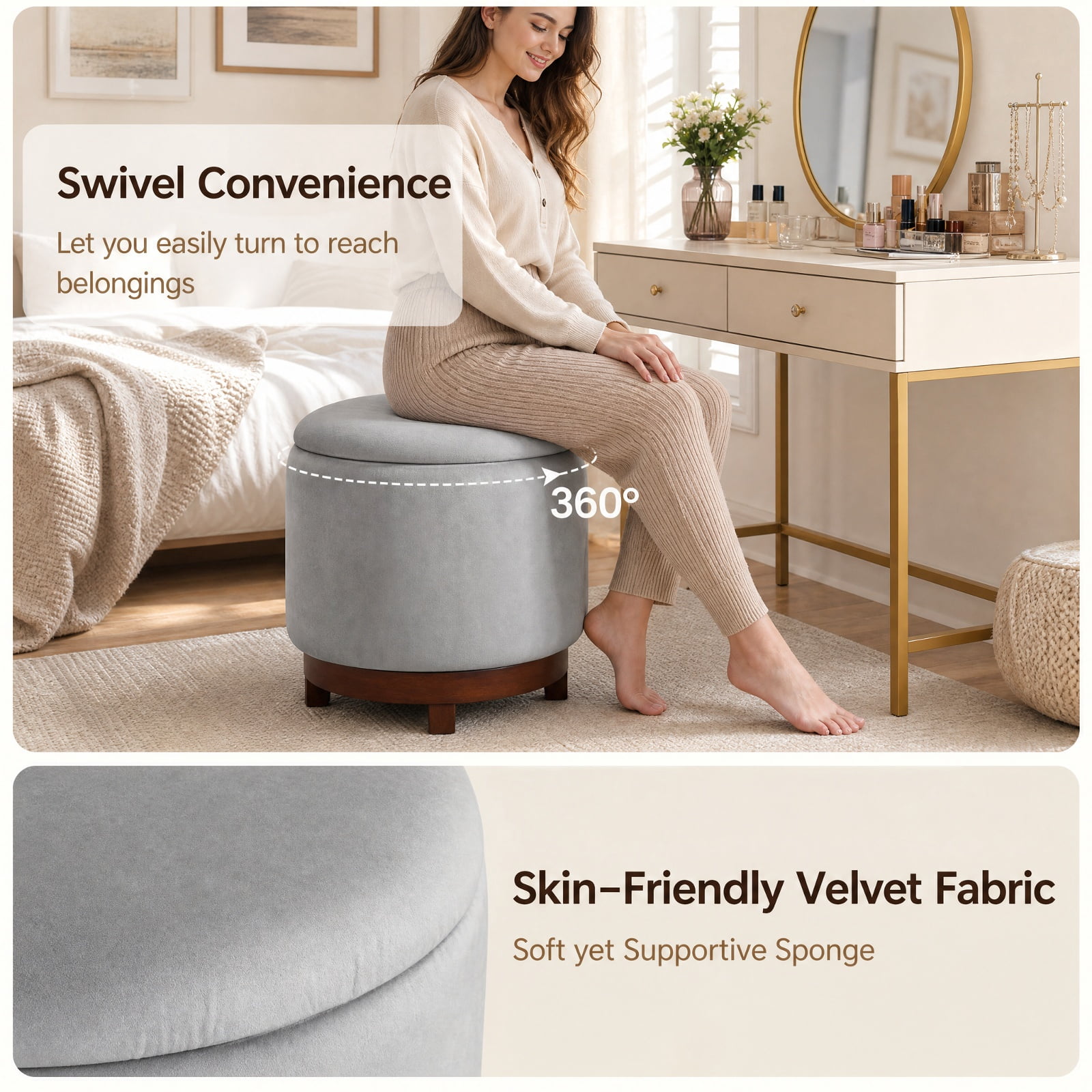 Furnibear 360 Degree Swivel Velvet Foot Rest Storage Ottoman with Hidden Compartment and Solid Acacia Wood Frame for Living Room and Bedroom, Gray