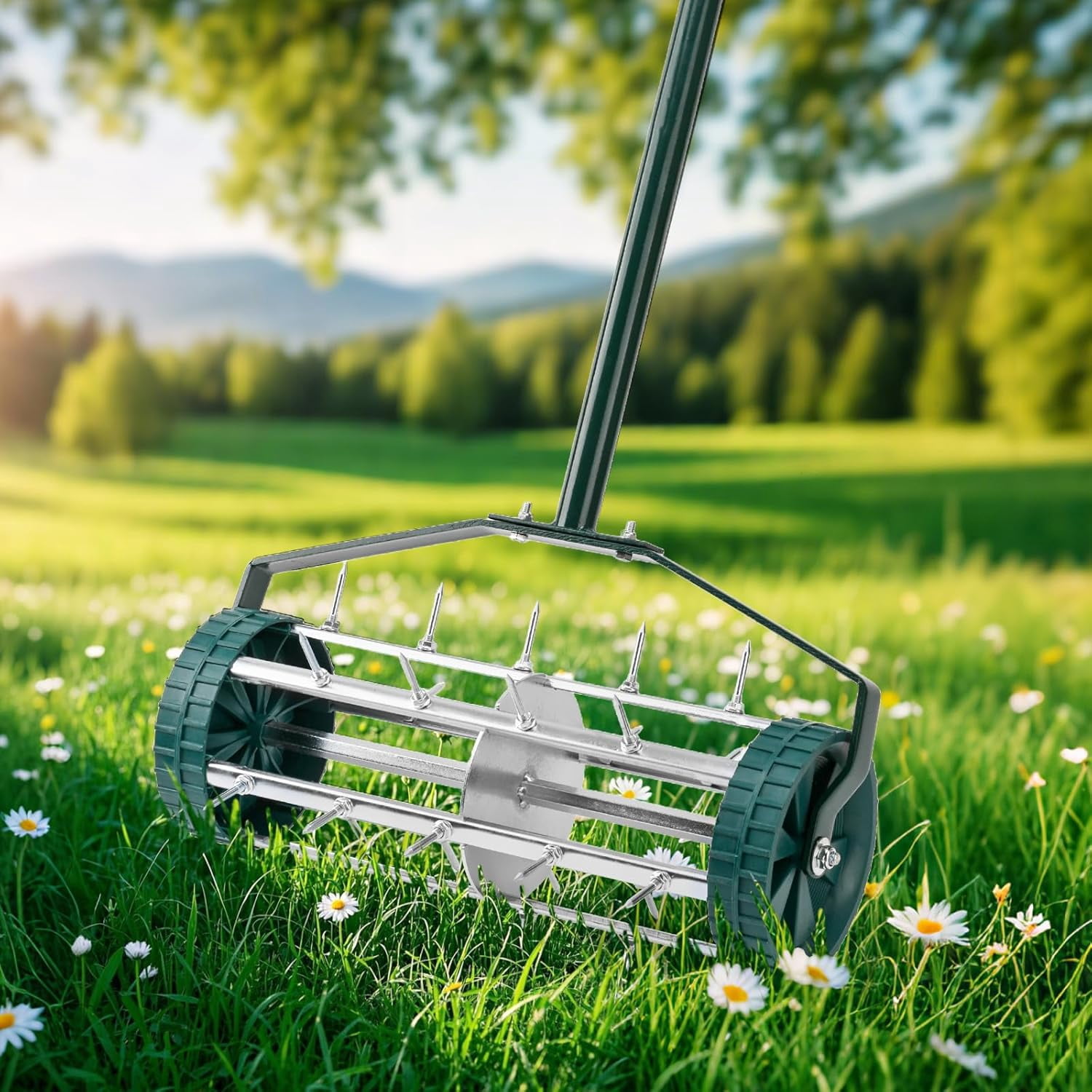 Long nail rolling lawn aerator. Heavy duty manual push aerator lawn tool, garden and yard soil health tool Different colors to choose from