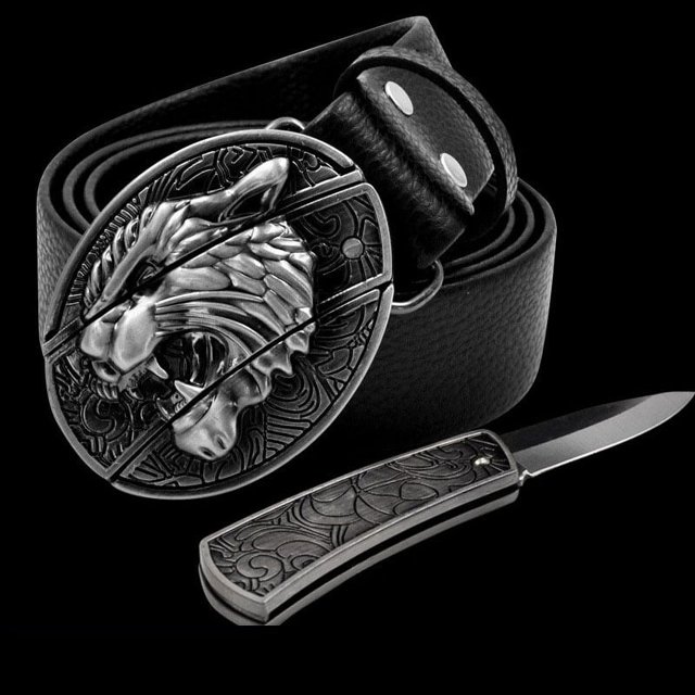Cinturón de cuero genuino para hombres Cinturón de calavera con personalidad con cuchillo Adolescentes no convencionales Cinturón de moda para hombres