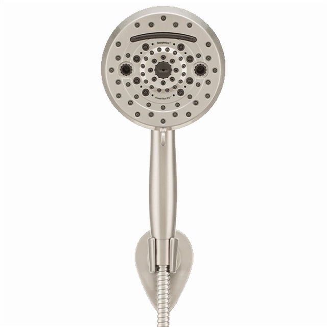 Oxygenics ETL Shower Head 51479 PowerBlast RV; Hand Held With 72 Inch Hose; With 10 Function Spray Setting; Without Shut Off Valve; 5 Inch Outer Diameter; 9-3/4 Inch Length; Brushed Nickel; Silver