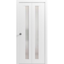 Sliding Closet Bi-fold Doors 72 x 84 inches | Planum 0660 Painted White with Frosted Glass | Sturdy Tracks Moldings Trims Hardware Set | Wood Solid Bedroom Wardrobe Doors
