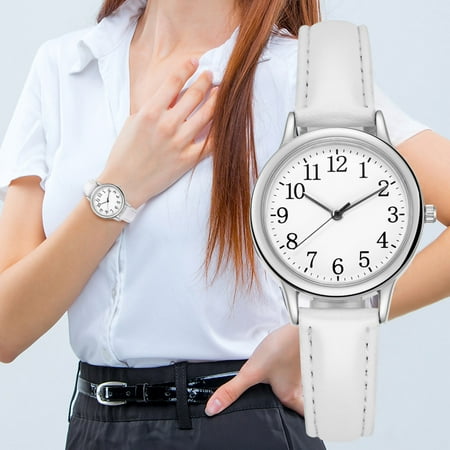Fridja Women's Easy Reader Quartz Analog Leather Strap Watch with Classic Fashion Business Casual Round Case