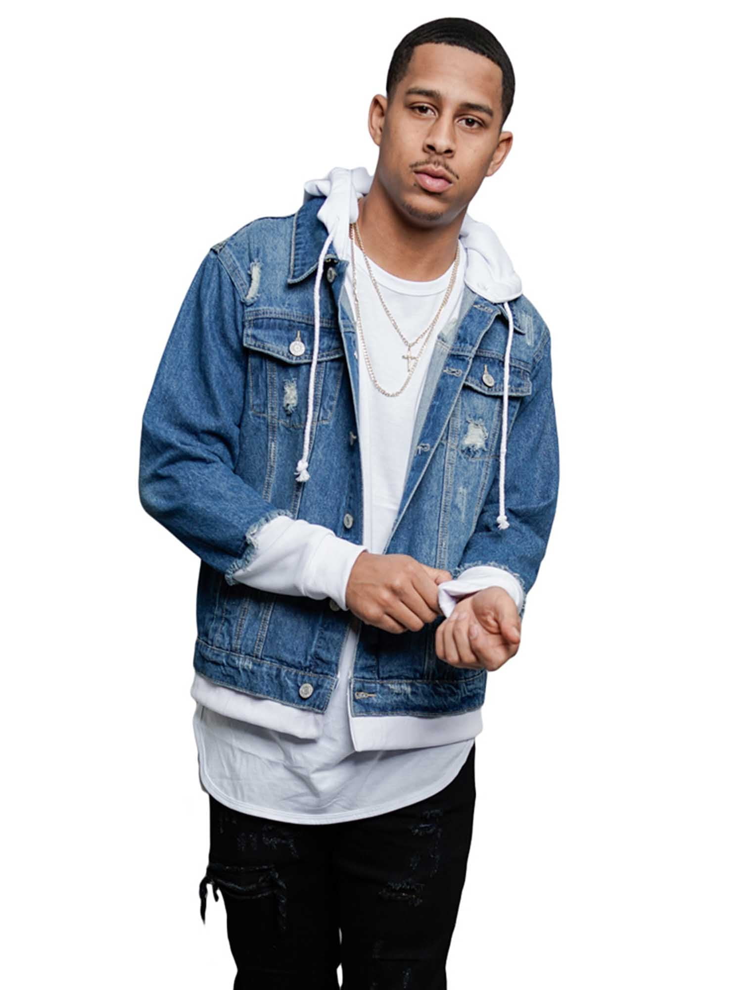 品質が Layered Hoodie Men's Victorious Ripped with Jacket Denim Clothing
