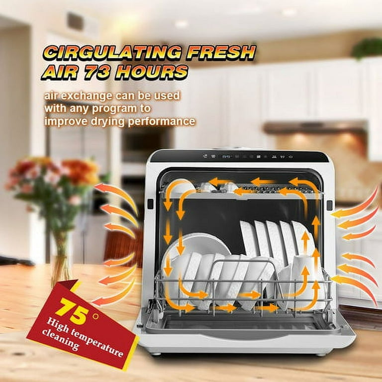 Portable Countertop Dishwasher, Included Lights and Faucet Adapter, 5 Washing Programs, Built-In 3-Cups Water Tank, 3D Cyclone Spray