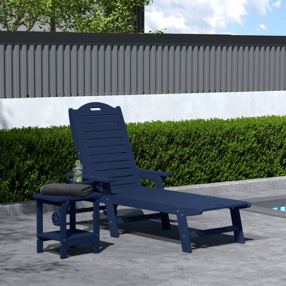 WestinTrends Aruba 2-Piece Outdoor Patio Chaise Lounge Chair with Wheels & Cup Holder with Patio Side Table, Navy Blue