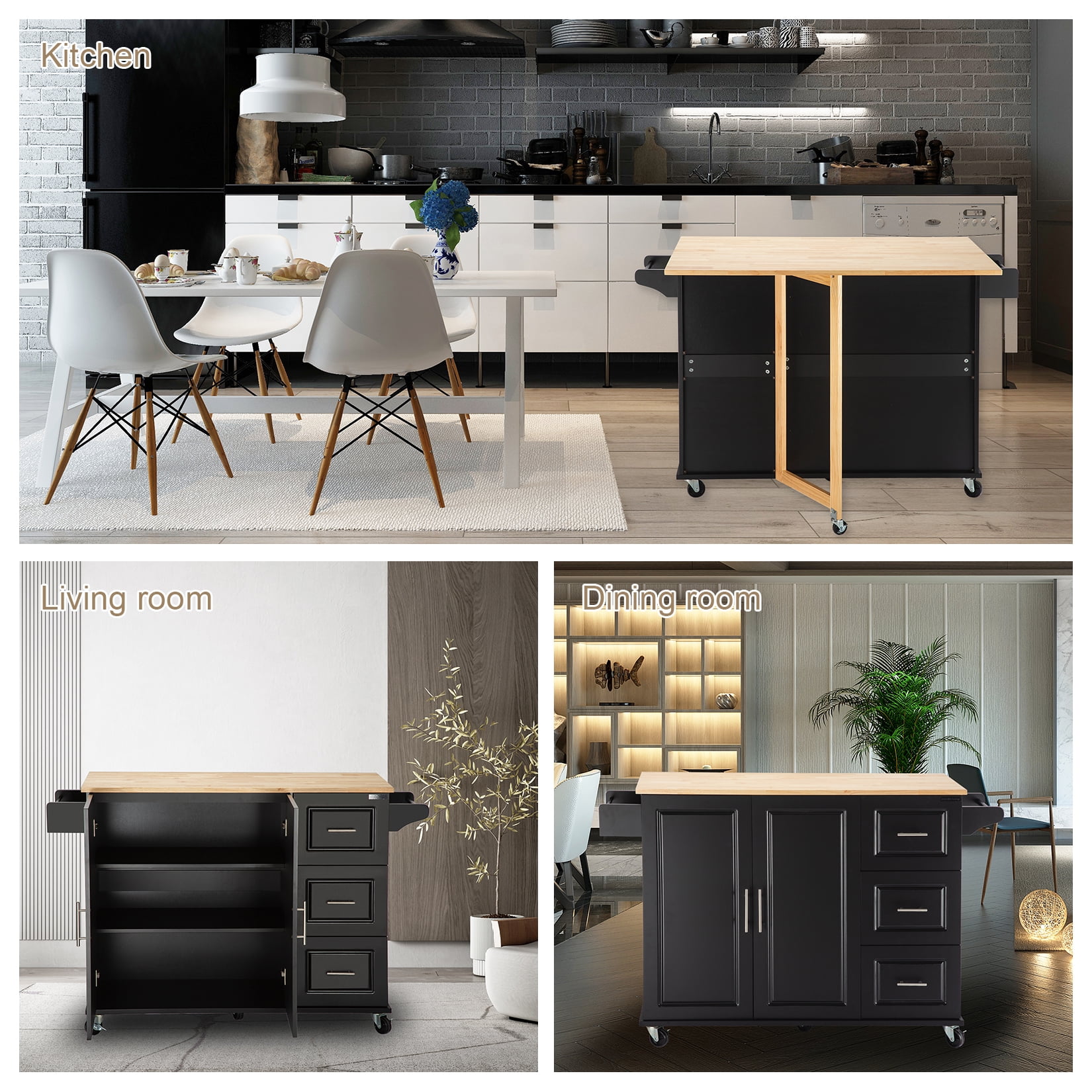 Kitchen Island Cart with Rubber Wood Top, Black