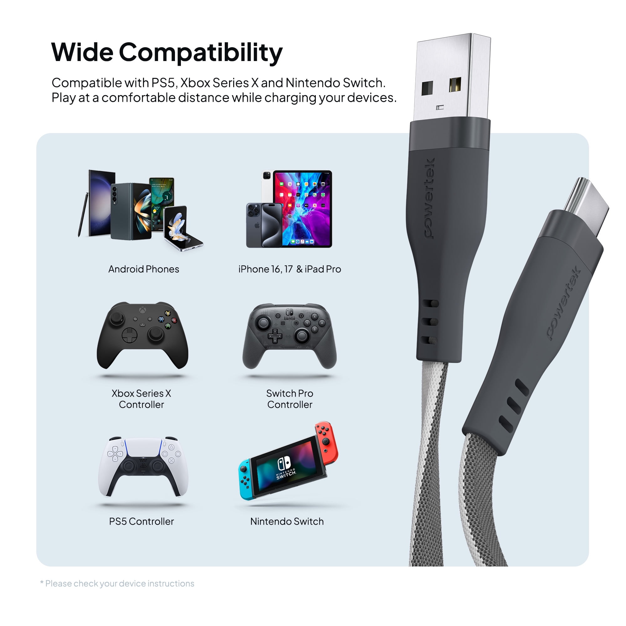 Powertek USB-A to USB-C Two-Tone Pastel Fast Charge Cable, 6 ft, Grey