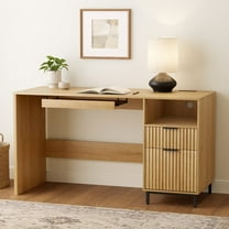 EYYTHUNG Fluted Executive Desk, 55" Modern Wood Home Office Desk with Charging Station, File Drawer, Open Storage, Computer Writing Desk, Natural Oak