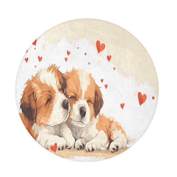 BZSMCE Two Little Dogs' Hearts Round Fluffy Area Rug 32.2in Non-Slip Circular Shaggy Rug