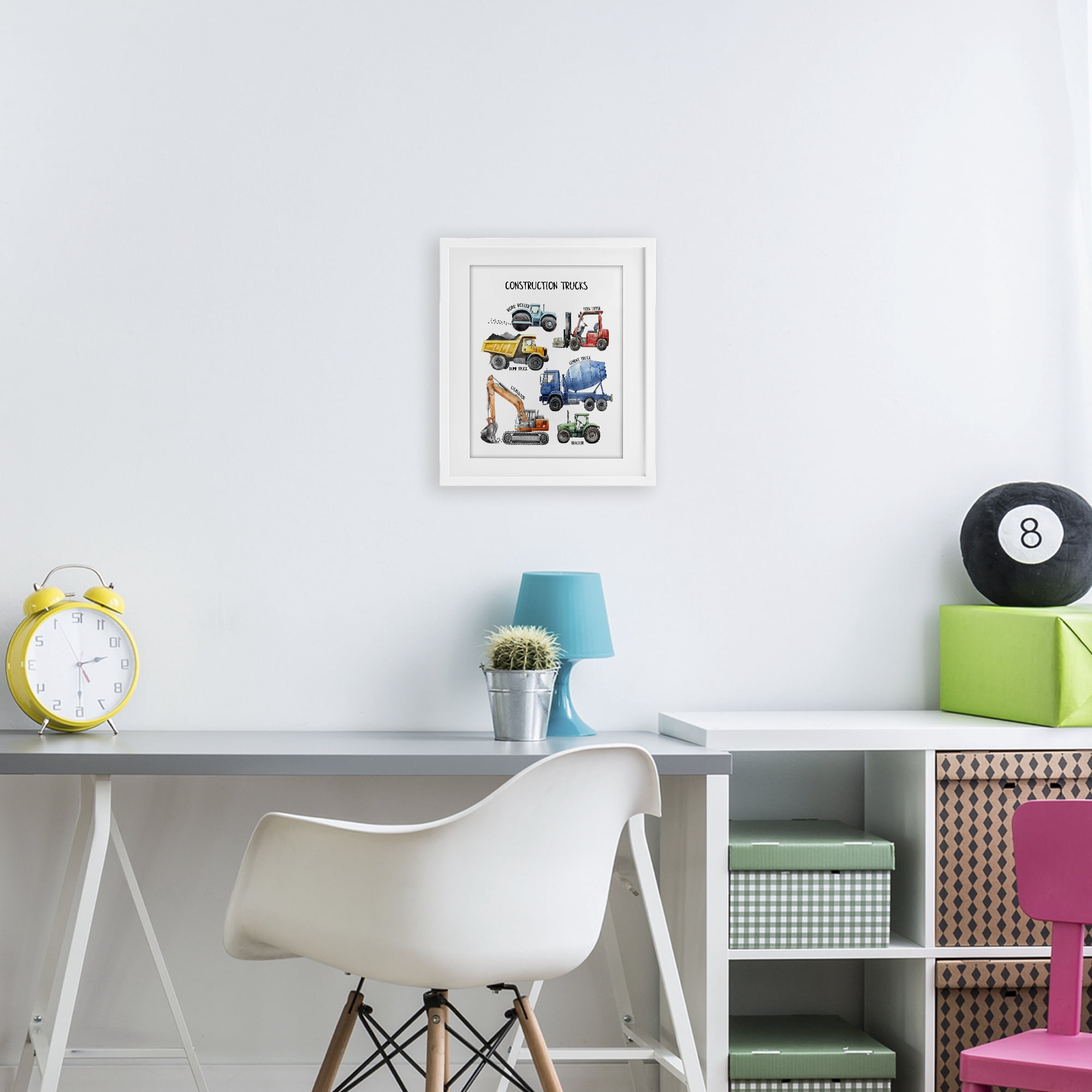 Construction Trucks Machinery White Framed Print Under Glass, design by Christine Simpson Art