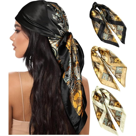 35” Large Square Satin Head Scarf, 3pcs Satin Hair Scarves Silk Bandana Scarf Headscarf Silk Feeling Scarf for Women