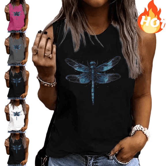 Mifsaly Independence Day Tank Tops Womens Cotton Sleeveless Top Dragonfly Graphic Summer Camisole Lightweight Breathable Slim Fit Layering Shirts L