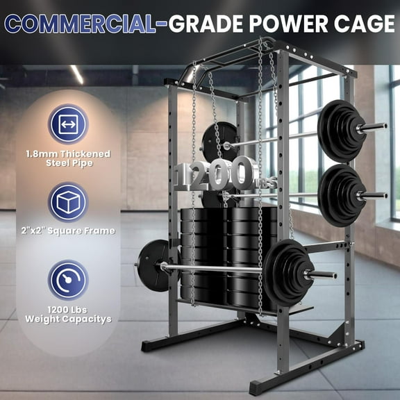 Black Squat Rack with Safety Bars, All in One Power Cage, 1200lbs Weight Capacity, High-Quality J-Hook, Power Rack for Home Gym, Bench Press