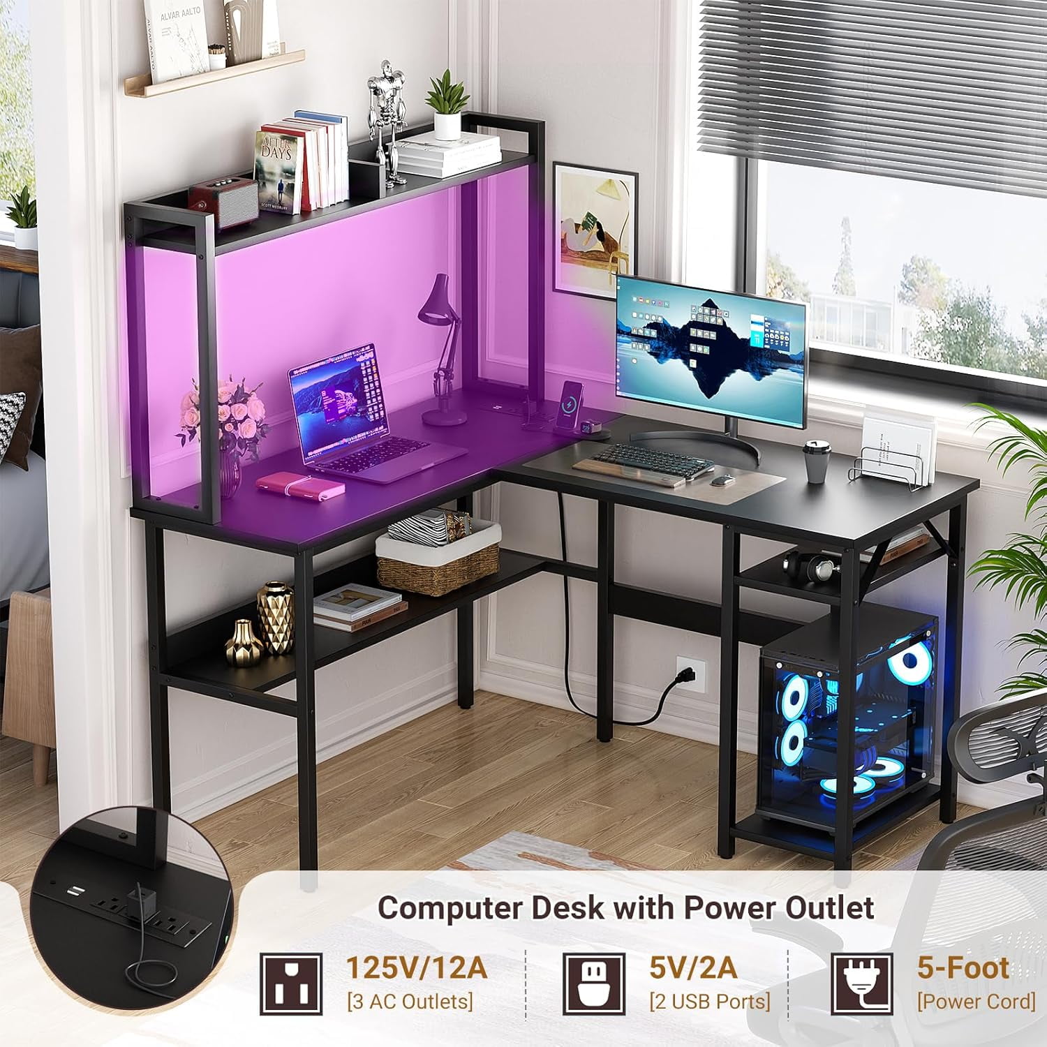 Homieasy L Shaped Gaming Desk with LED Strip and Power Outlets, Reversible L-Shaped Computer Desk with Storage Shelves, Corner Desk with Hutch, 2 Person Home Office Desk, Black