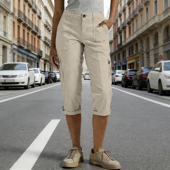 Cargo Capri Pants for Women Straight Leg High Waisted Trousers Lightweight Cotton Bottoms with Multi-Pockets Casual Workwear Outfits
