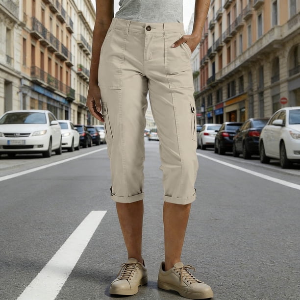 TaTaai Women's 7/8 Length Cargo Pants Straight Leg Casual Trousers with Elastic Waist and Side Pockets Solid Color for Work Utility and Everyday Activities Gift