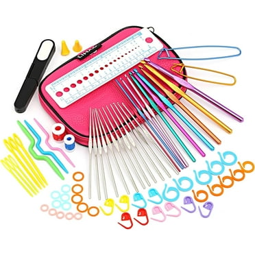 Moncolis 75 Piece Aluminum Handle Crochet Hooks Set with Pink Organizer Case and Knitting Needles Accessories