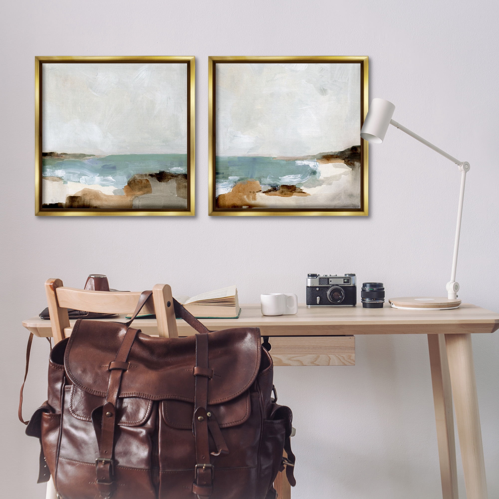 Stupell Industries Abstract Beach Cove Landscape Cliffs Nature Painting Gold Floater Framed Canvas Art Print Wall Art, 25 x 25, Set of 2