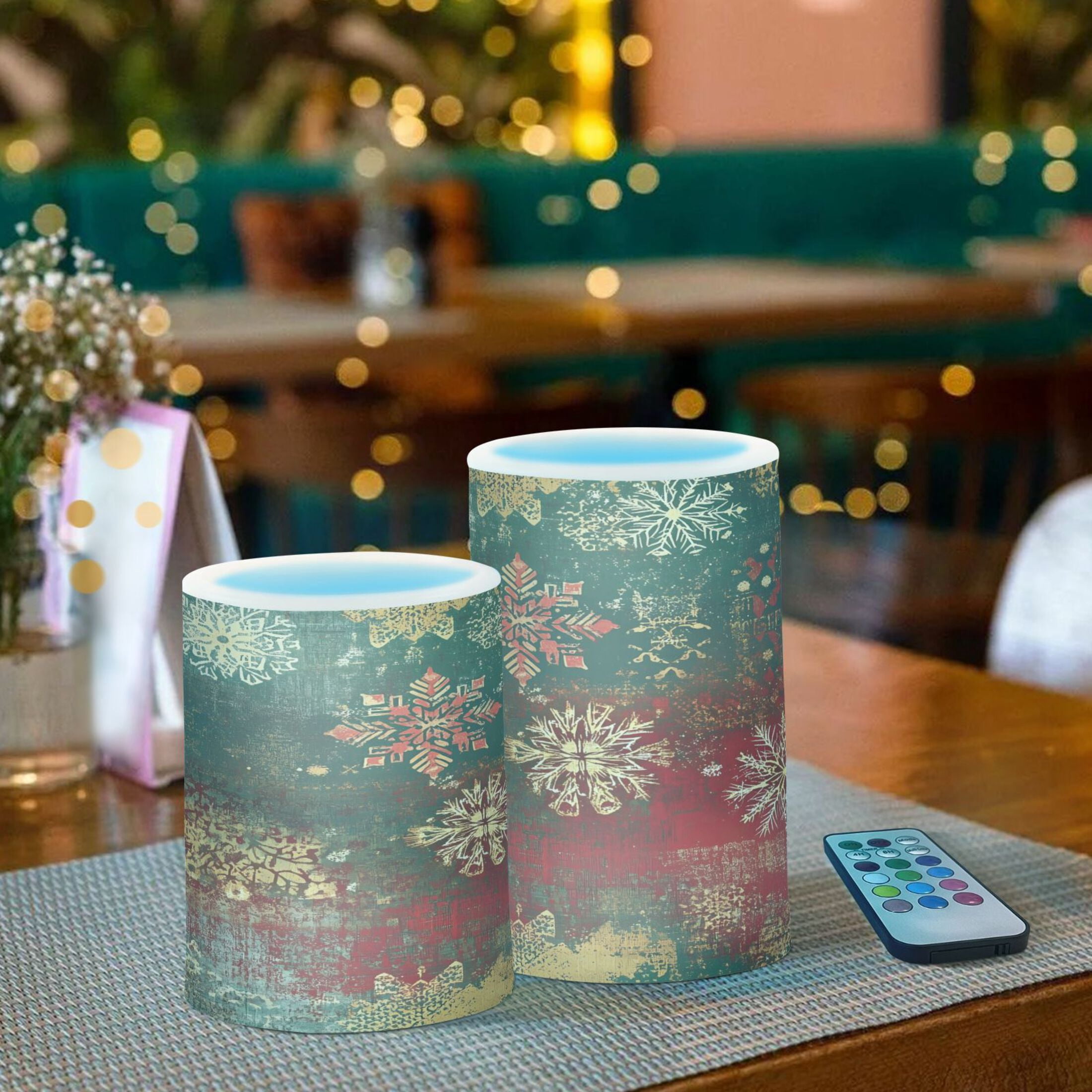 Flickering Flameless LED Candles set of 2 Battery Operated 18-Key Remotes Timer Halloween Fall Decor Christmas Themed Snowflakes D3''xH4''5''