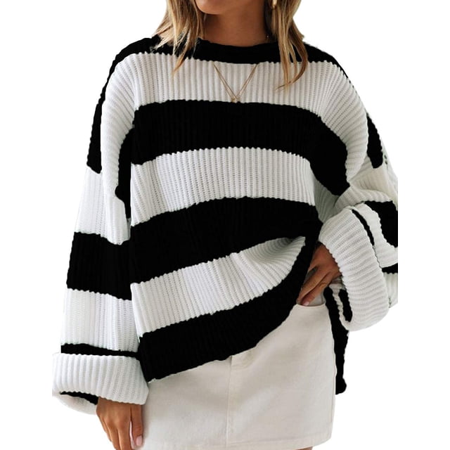 ZESICA Women's Long Sleeve Crew Neck Striped Color Block Comfy Loose Oversized Knitted Pullover Sweater