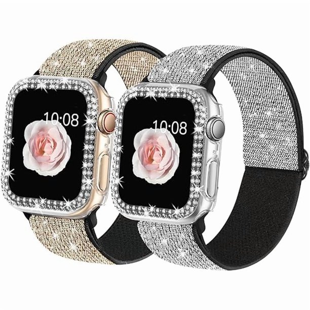 wonima44 2 Pack Bling Stretchy Watch Bands Compatible with Apple Watch Band 40mm 41mm 44mm 45mm iWatch Series 9 8 7 6 5 4 SE, Adjustable Nylon Wristband with Shiny Case for Women Girls