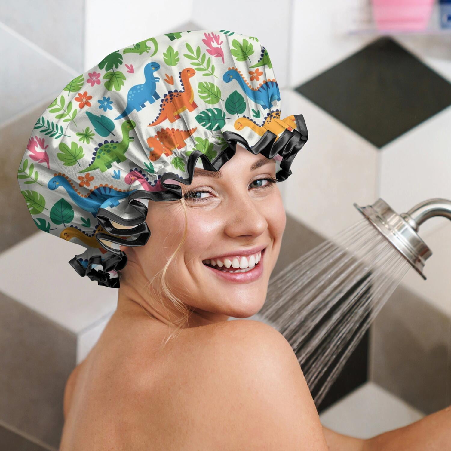 Shower Caps,White Cartoon Dinosaurs Jungle Pattern Waterproof Shower Cap for Women 4 Pieces,Double Reusable Hair Cover for Shower PEVA Elastic Stretch Hem