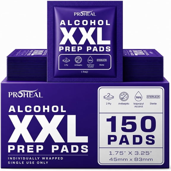 ProHeal XXL Alcohol Wipes, Individually Wrapped - 150 ct. Sterile Alcohol Prep Pads Fully Saturated with 70% Isopropyl, Extra Coverage