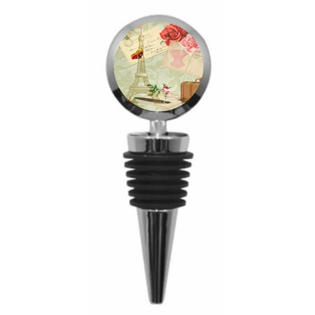 Star Shaped Tower Parisian Eiffel Tower Floral Vintage Style Print Design - Paris, France - Wine Bottle Stopper - Silvertone Metal - Round Shaped ()