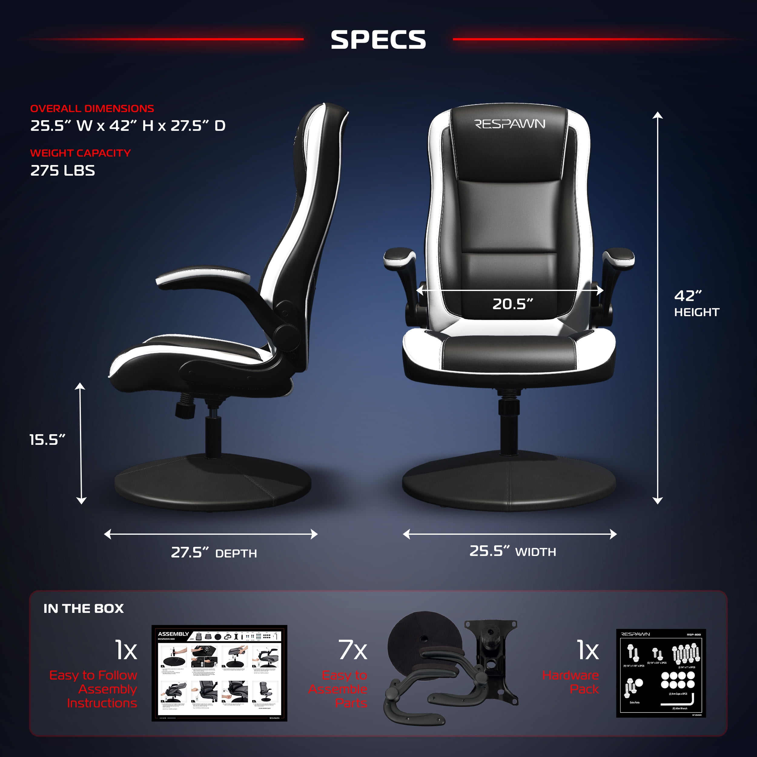 RESPAWN 800 Swivel Rocker Gaming Chair - Ergonomic Floor Gaming Seat with Lumbar Support, Flip Up Armrest, High Back, Pedestal Base, Comfortable No Wheels Console Video Game Rocker Chair - White
