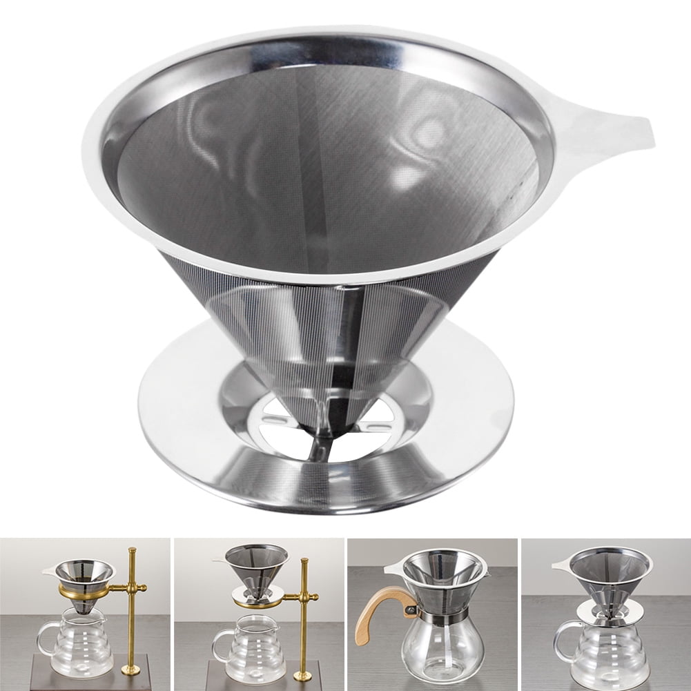 Cup Stand & Brush Reusable Pour Over Cone Dripper Stainless Steel Coffee Filter 