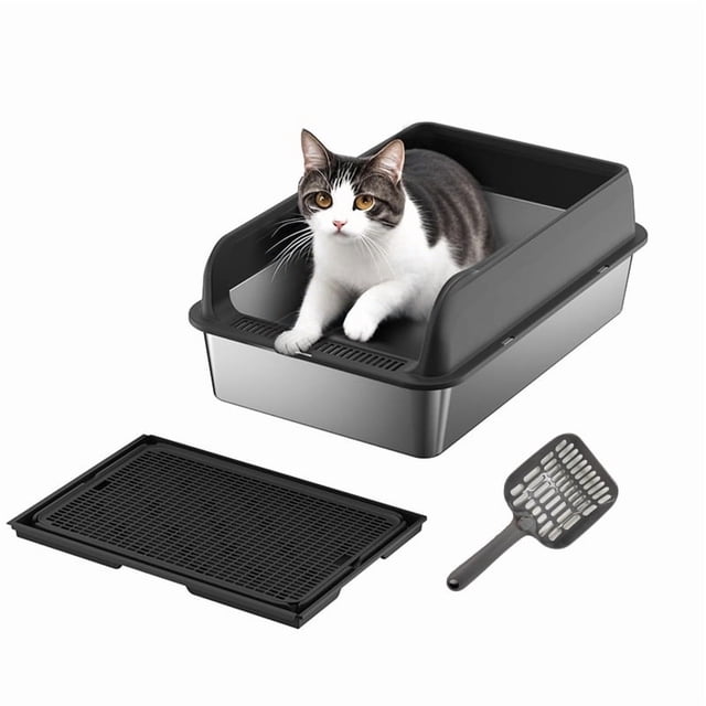 8'' Deep Stainless Steel Cat Litter Box with Lid, Large Litter Box for Big Cats Non-Stick Stainless Steel Cat Boxes with Double Layer Litter Mat and Scoop, Easy to Clean