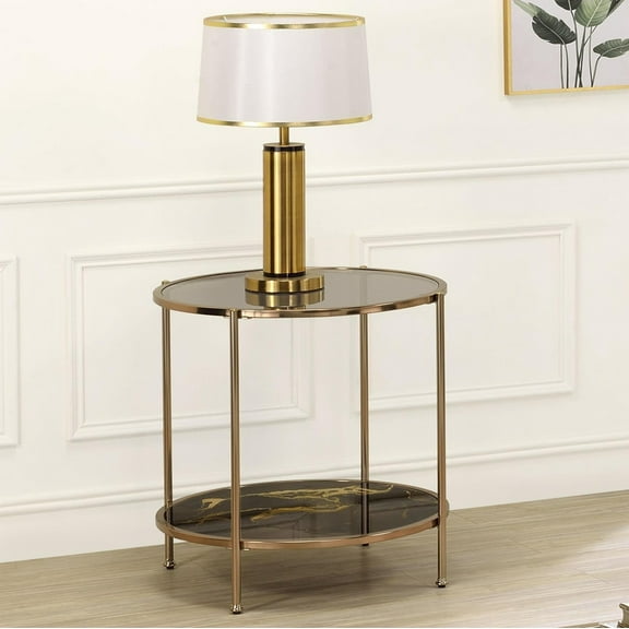 Gzxs 2-Tier Round End Table, 23" Sofa Side Table with Glass Top, Black Marble Print Shelf, Champagne Finish Metal Frame, Compact Nightstand for Small Space, Living Room, Bedroom