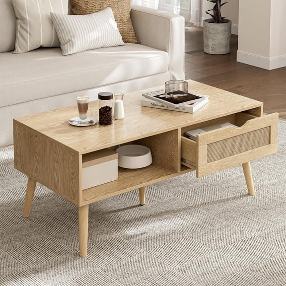 Modern Oak Coffee Table With Rattan Drawer And Open Shelf