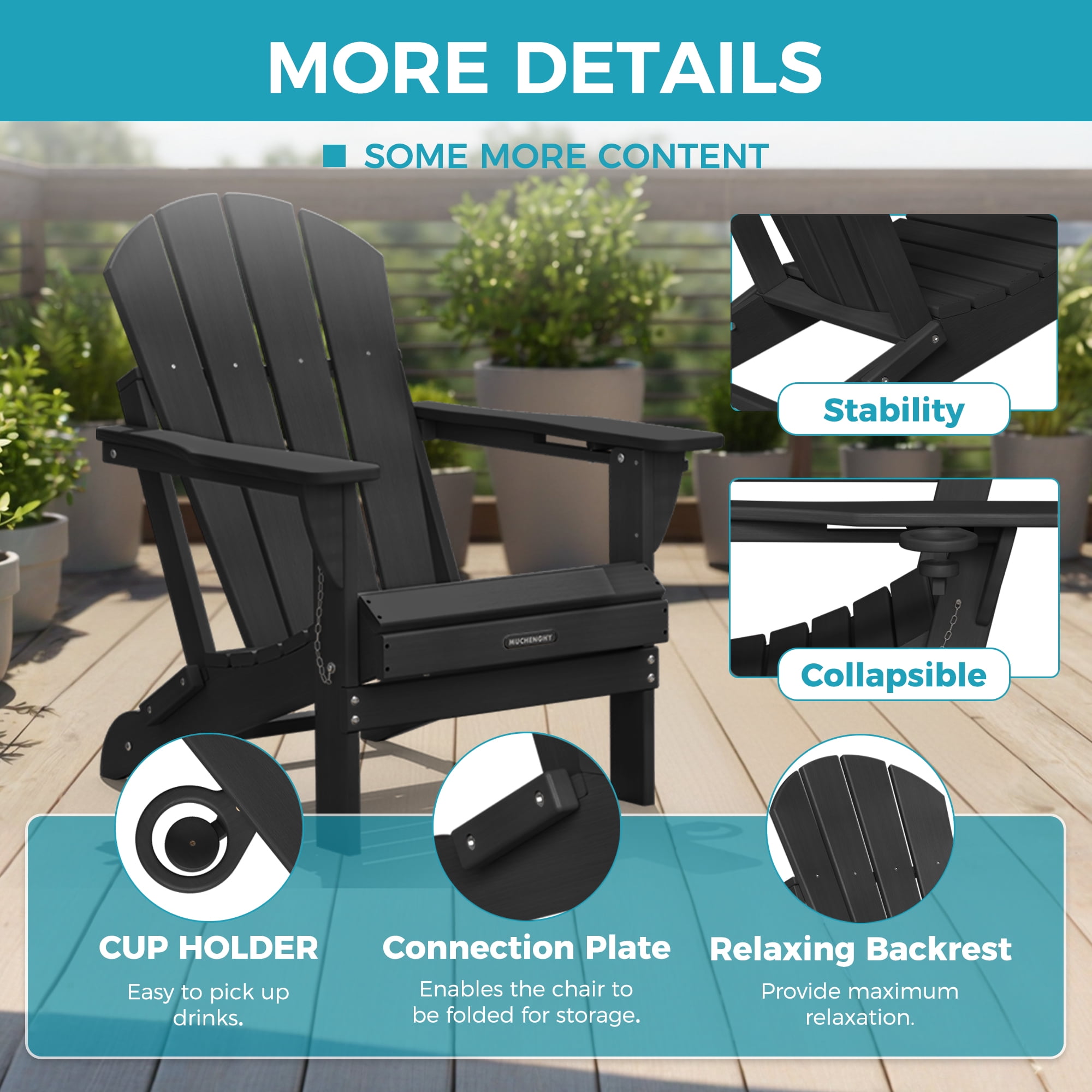 Folding Adirondack Chair Outdoor Patio Fire Pit Chairs with Cup Holder Porch Garden Black