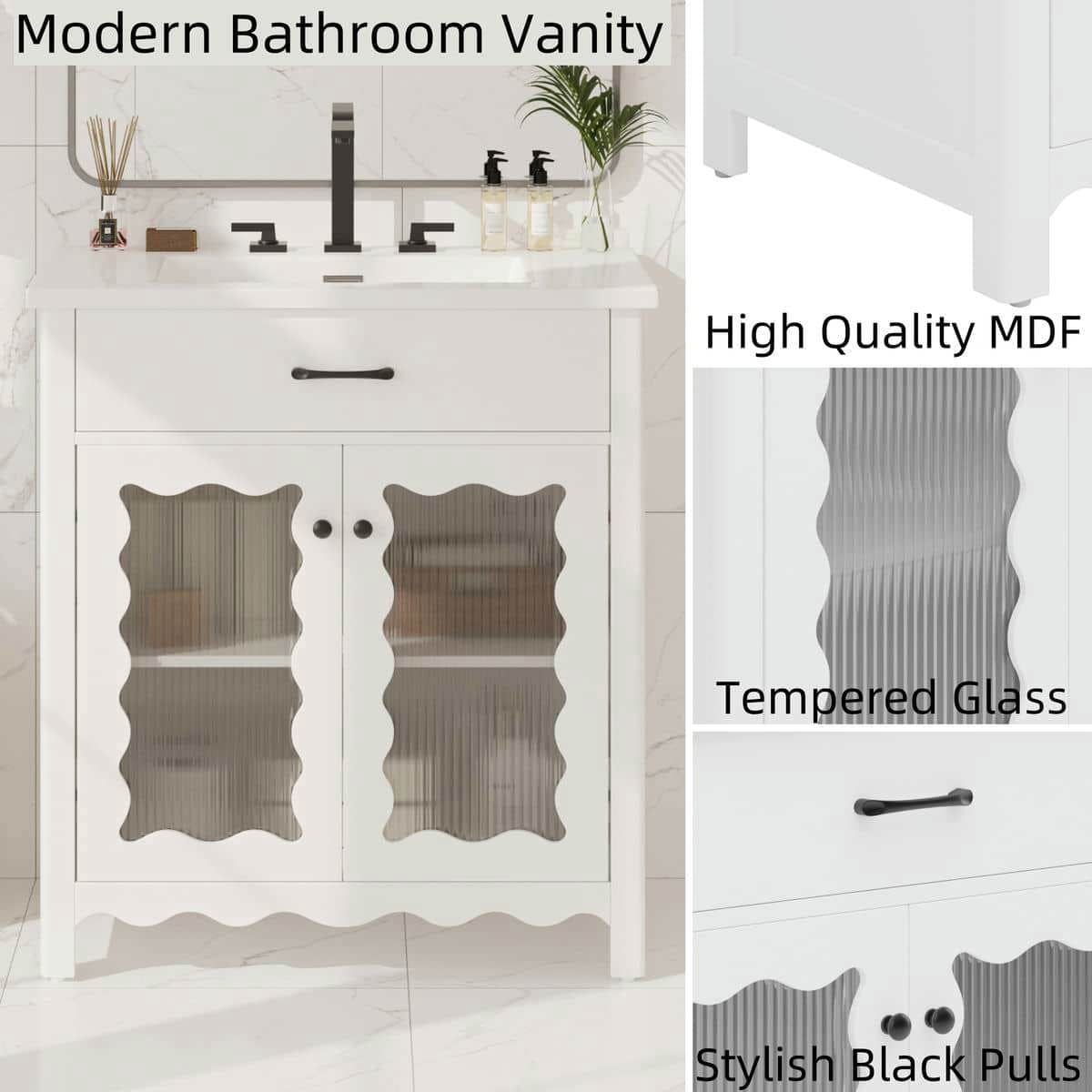 Spaco 31" Bathroom Vanity with Tempered Glass, Modern Bathroom Cabinet with Rubber Wood Legs and Soft Close Doors for Indoor, White