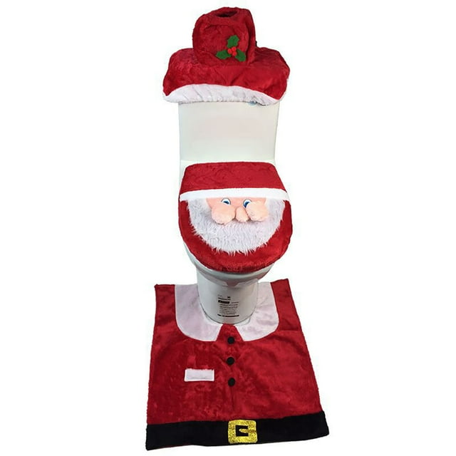 Bangcool 3PCS Christmas Toilet Cover Set Santa Toilet Seat Cover Toilet Tank Cover & Rug