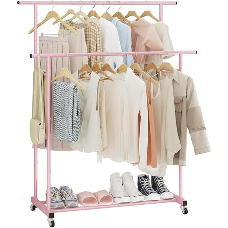 Double Rod Clothing Garment Rack,Rolling  Clothes Rack,Portable Clothes Organizer for , Room,Clothing Store,