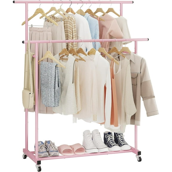 Double Rod Clothing Garment Rack,Rolling  Clothes Rack,Portable Clothes Organizer for , Room,Clothing Store,