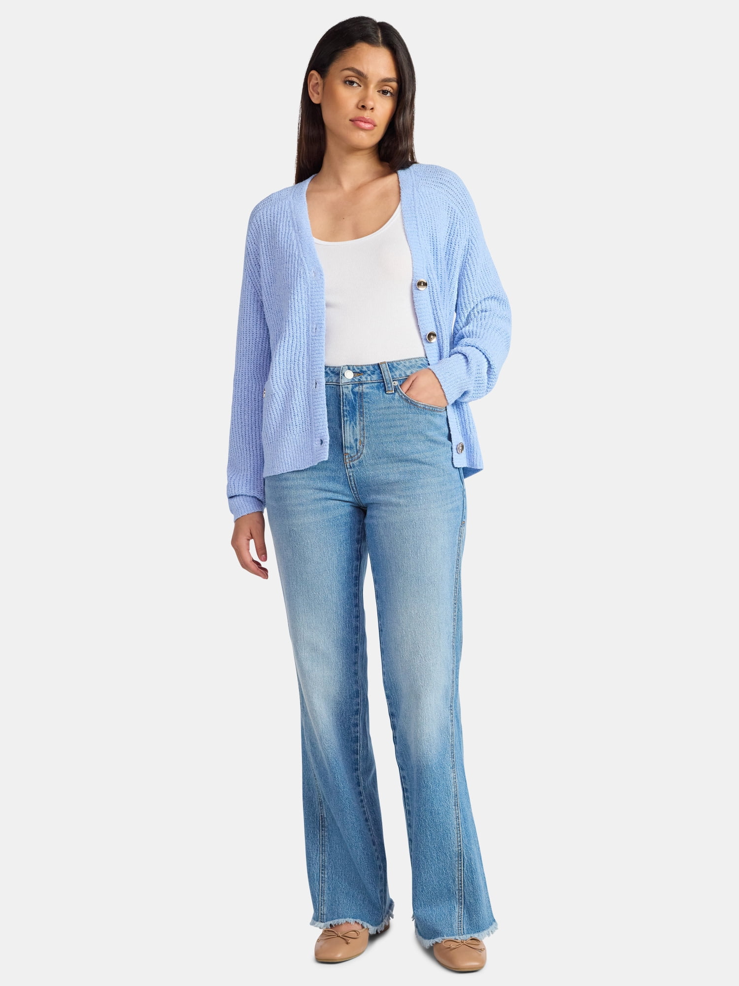 Time and Tru Women's High Rise Flare Jeans With Side Seam Details, 32" Inseam, Sizes 0-20