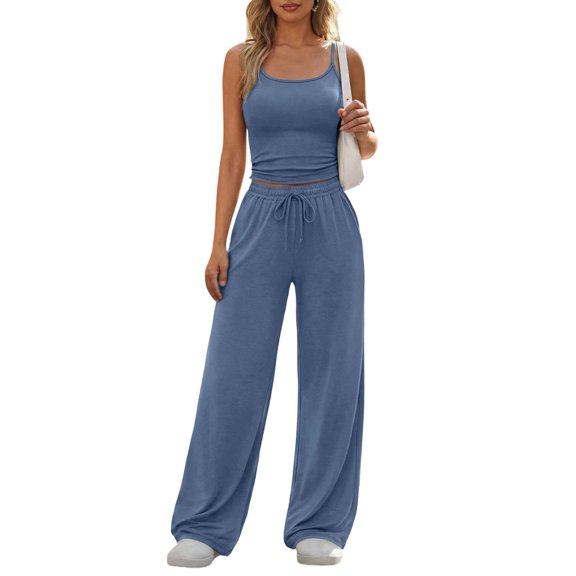 Women'S 2 Piece Lounge Set Spring Outfits - Camisole Top & Wide Leg Pants Blue S