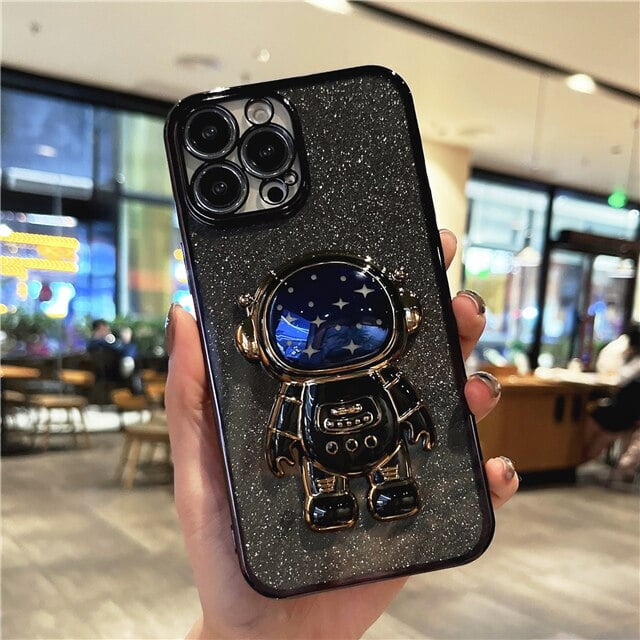 Funda de teléfono chapada de lujo con brillo para iPhone, carcasa con soporte de Flash y astronauta para iPhone 11, 12, 13, Mini, 14 Pro Max, X, XR, XS, 7, 8 Plus, SE Fivean unisex