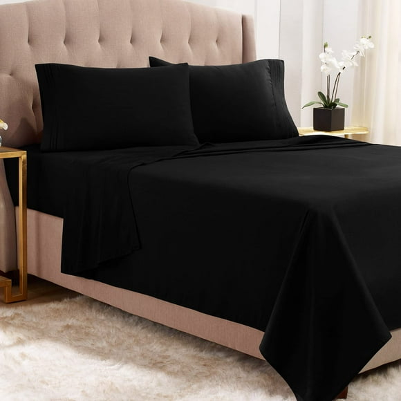 Empyrean California King Sheet Sets - 4 PC Super Soft Cal King Bed Sheets - Double Brushed Microfiber Cal King Sheets - Hotel Luxury Black Bed Sheets Cal King Size, with 4 Corner Elastic Straps